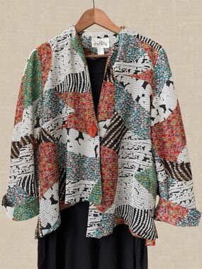 Joseph Ribkoff Asymmetric Jacket Sz 14 Abstract Open Knit Jacquard Art to Wear